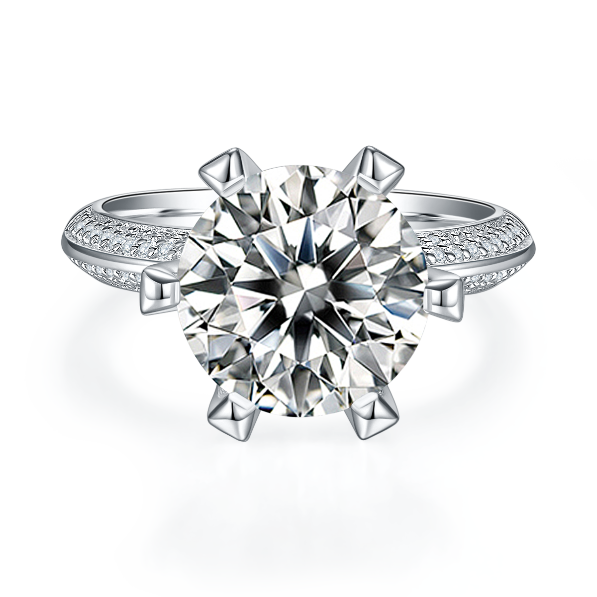 CARISSIE round moissanite solitaire ring, top-down view highlighting the brilliant-cut center stone and prongs
