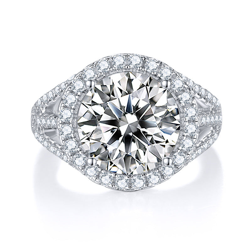 CARISSIE round moissanite halo engagement ring, direct front view showcasing the large center stone and surrounding halo