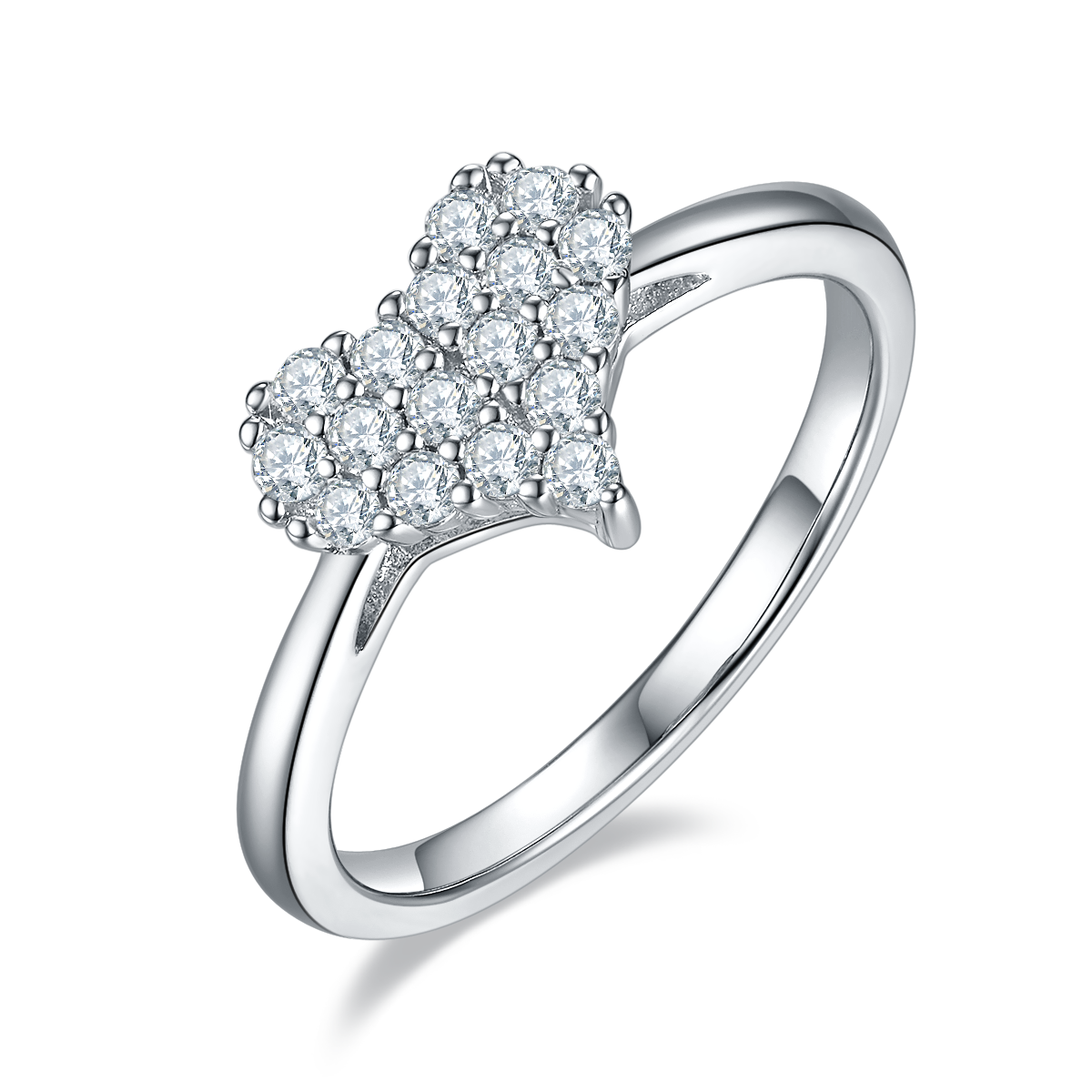 CARISSIE moissanite heart cluster ring, angled side view showing pavé stones and polished silver-tone band