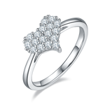 CARISSIE moissanite heart cluster ring, angled side view showing pavé stones and polished silver-tone band