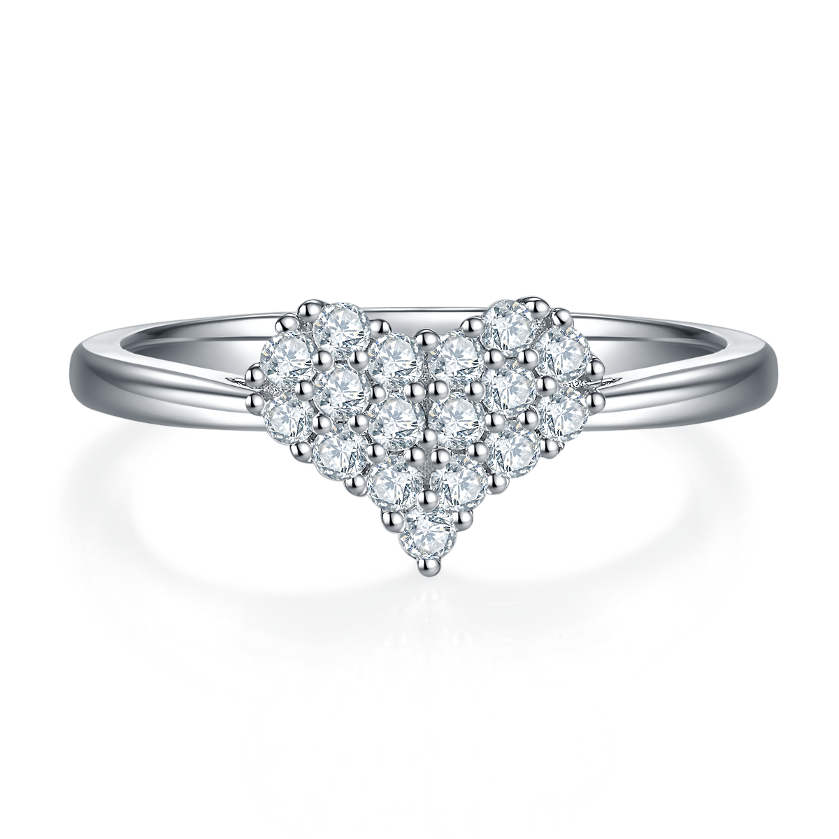 CARISSIE moissanite engagement ring, top-down view highlighting the symmetrical heart-shaped stone arrangement