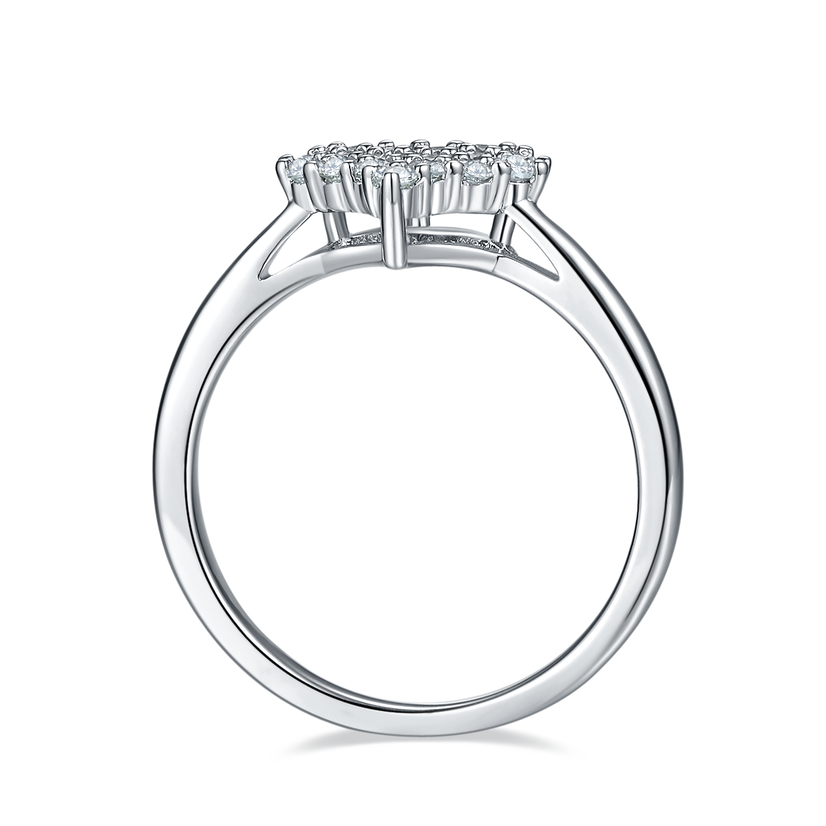 CARISSIE round moissanite ring, profile shot revealing the gallery rail and prong setting details
