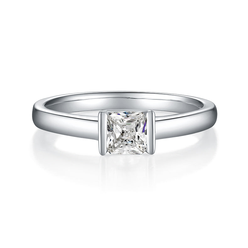CARISSIE Asscher bezel engagement ring, direct front view displaying the geometric symmetry of the moissanite.