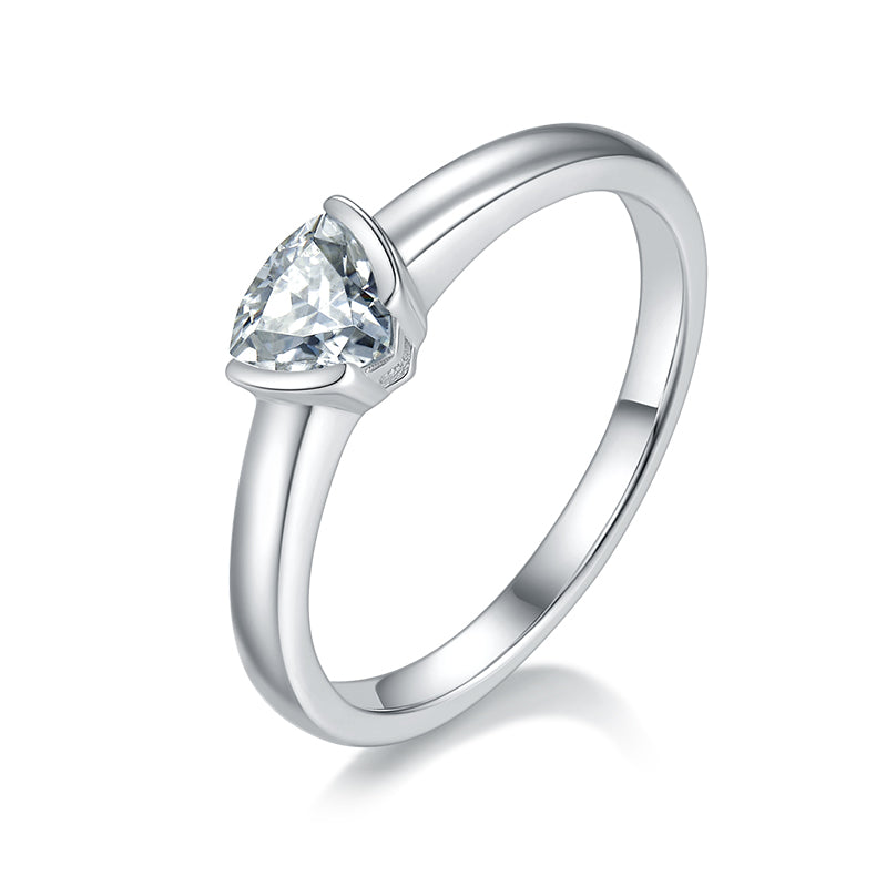 CARISSIE trillion moissanite bezel ring, angled view highlighting the triangular stone and smooth silver-tone band