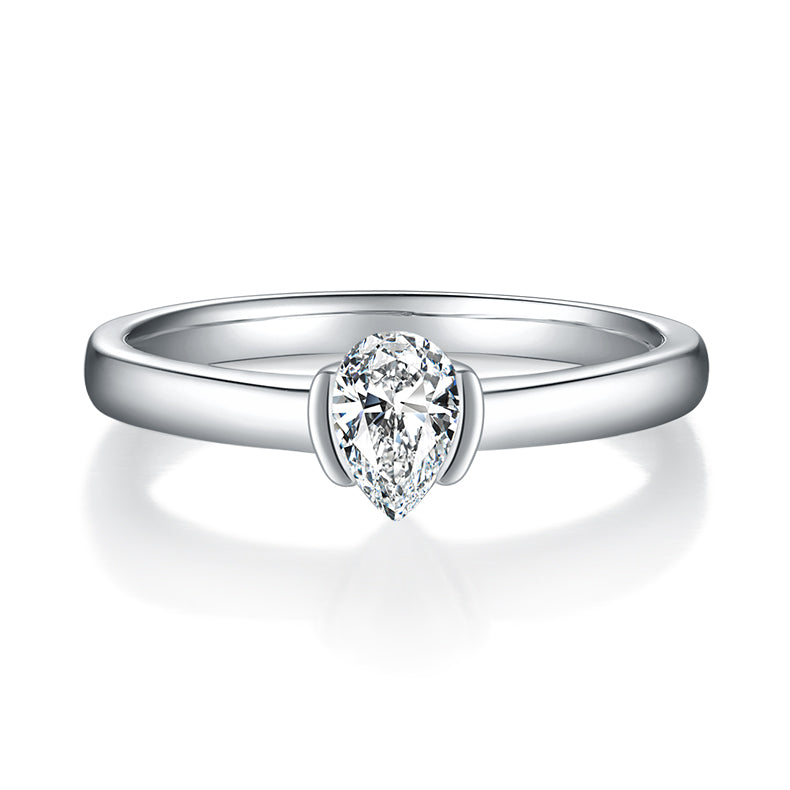 CARISSIE pear moissanite bezel engagement ring, front view showcasing the brilliant center stone in a minimalist setting