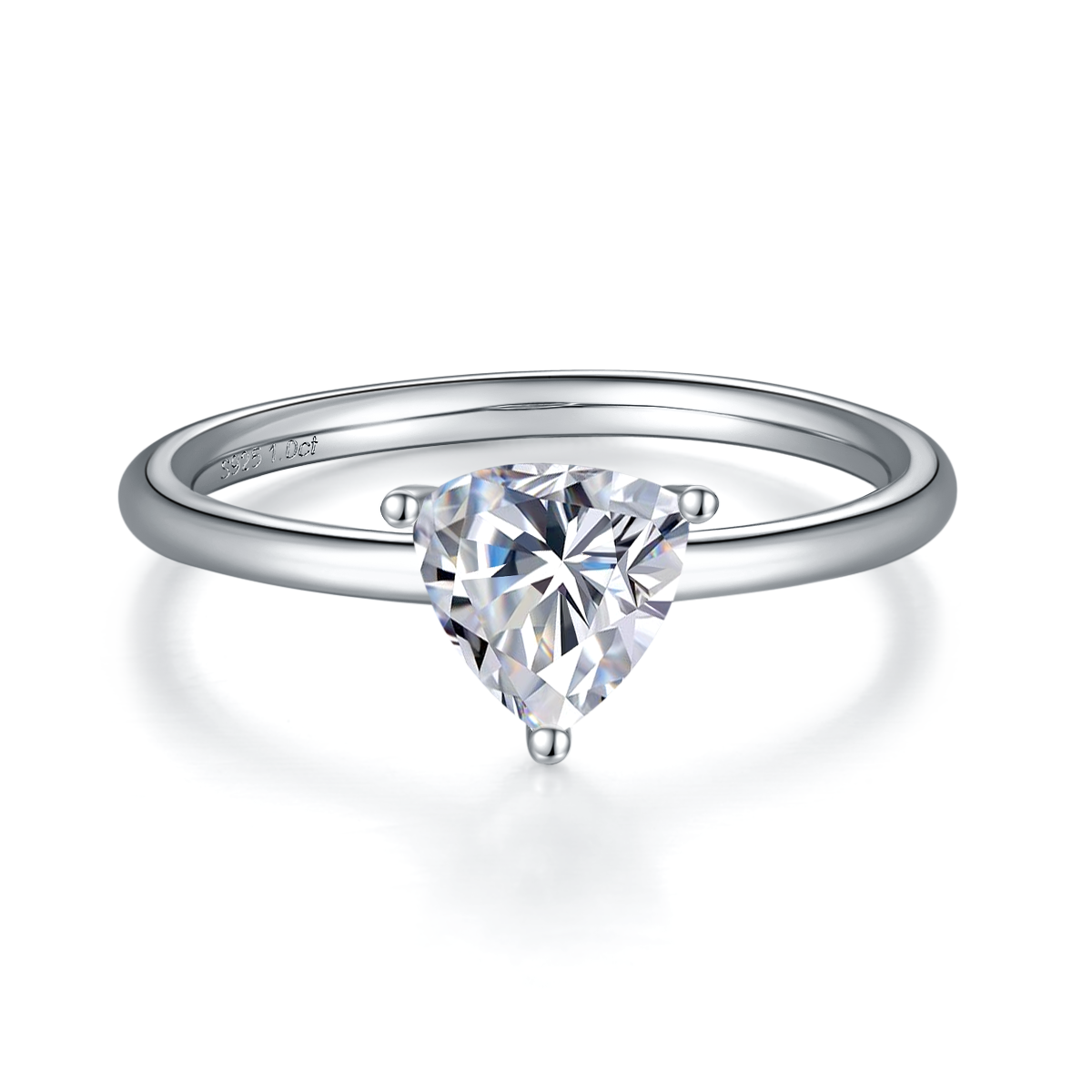 CARISSIE trillion moissanite ring, front view showcasing the triangular stone facets and S925 hallmark inside the band