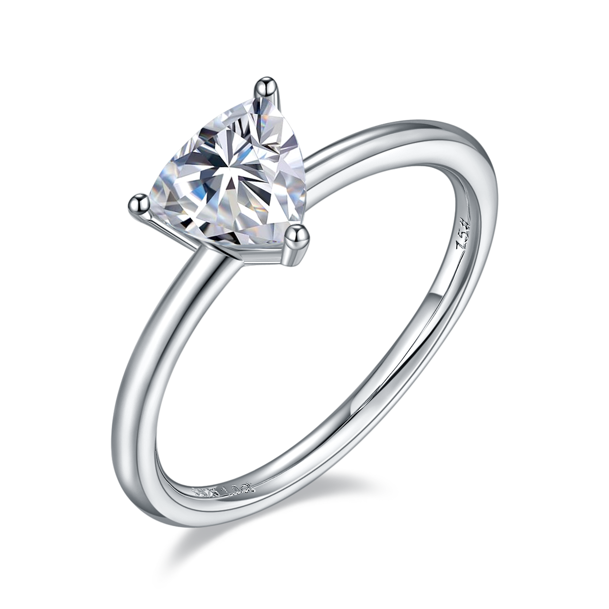 CARISSIE trillion solitaire engagement ring, angled view highlighting the high-polish silver band and three-prong setting