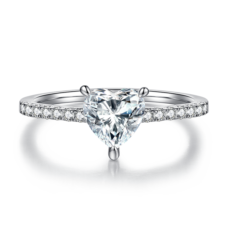 CARISSIE heart solitaire engagement ring, front profile view highlighting the center stone symmetry and pave-set diamond band