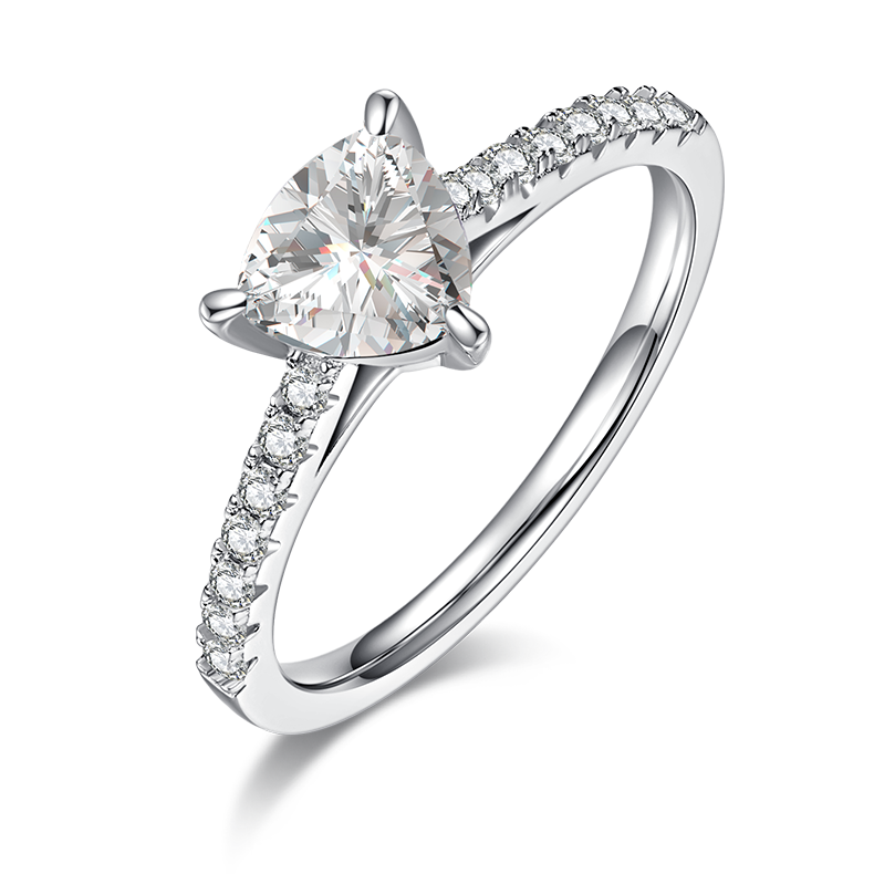 CARISSIE trillion solitaire engagement ring, angled side view showing pavé band and triangular moissanite in silver-tone setting