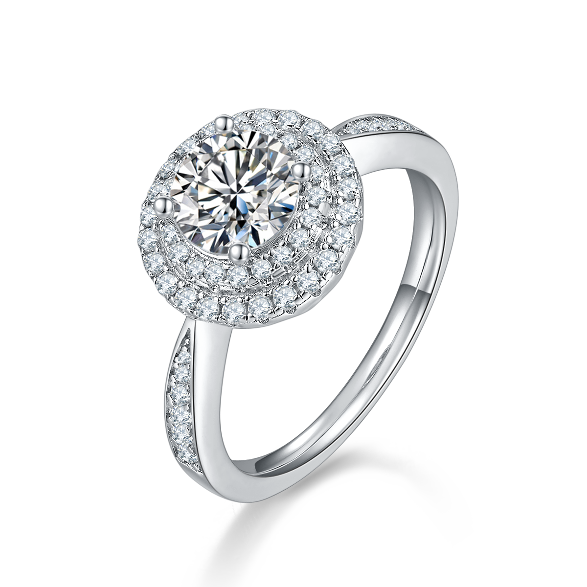 CARISSIE round moissanite halo engagement ring, angled view highlighting double halo and pavé split shank