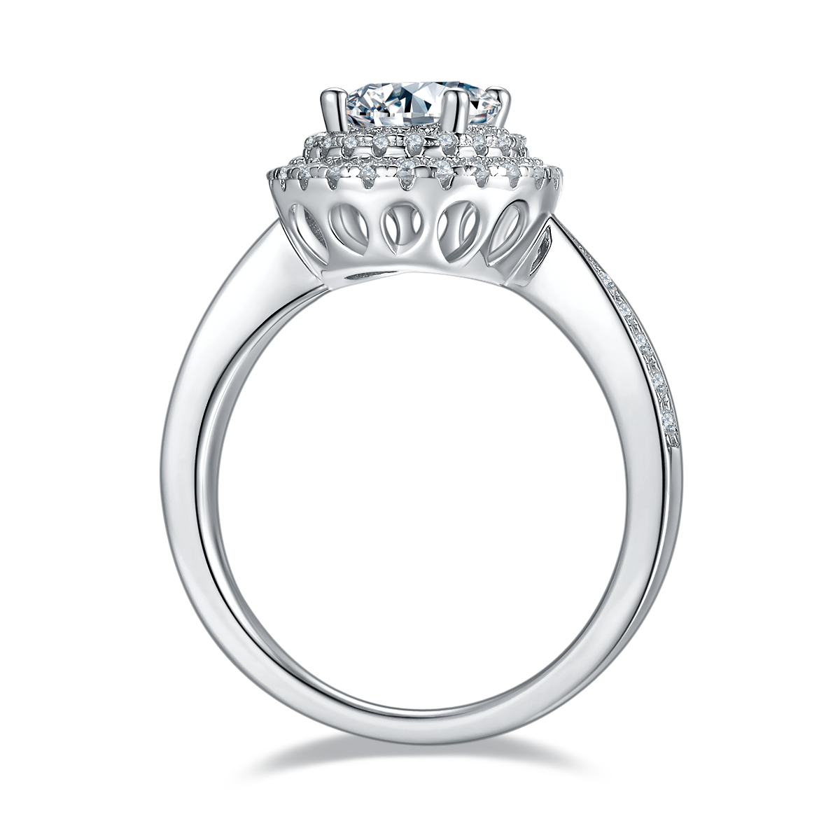 CARISSIE round moissanite halo engagement ring, bottom profile revealing intricate openwork gallery cutouts
