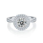 CARISSIE round moissanite halo engagement ring, top-down view showcasing center stone and dual halo setting
