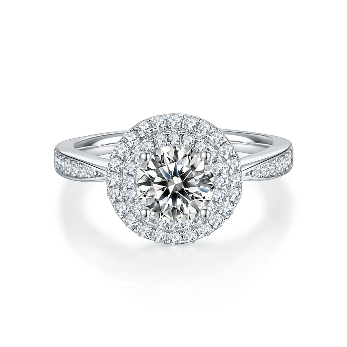 CARISSIE round moissanite halo engagement ring, top-down view showcasing center stone and dual halo setting