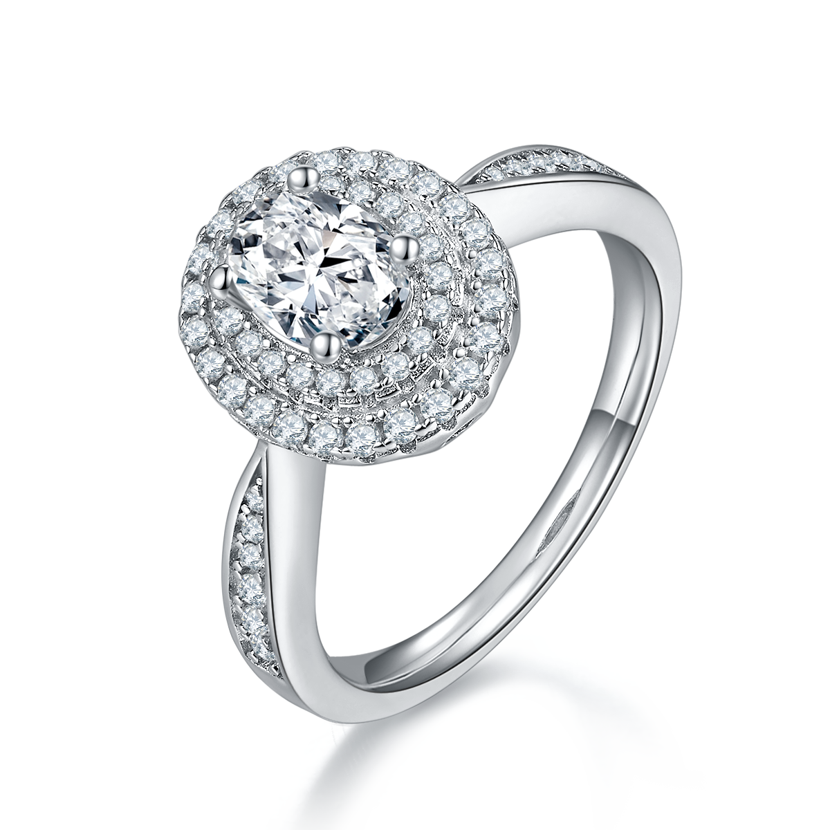 CARISSIE oval moissanite halo engagement ring, angled view highlighting double halo and split shank with channel-set stones