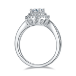 CARISSIE oval moissanite halo engagement ring, side profile revealing intricate openwork gallery details beneath the setting