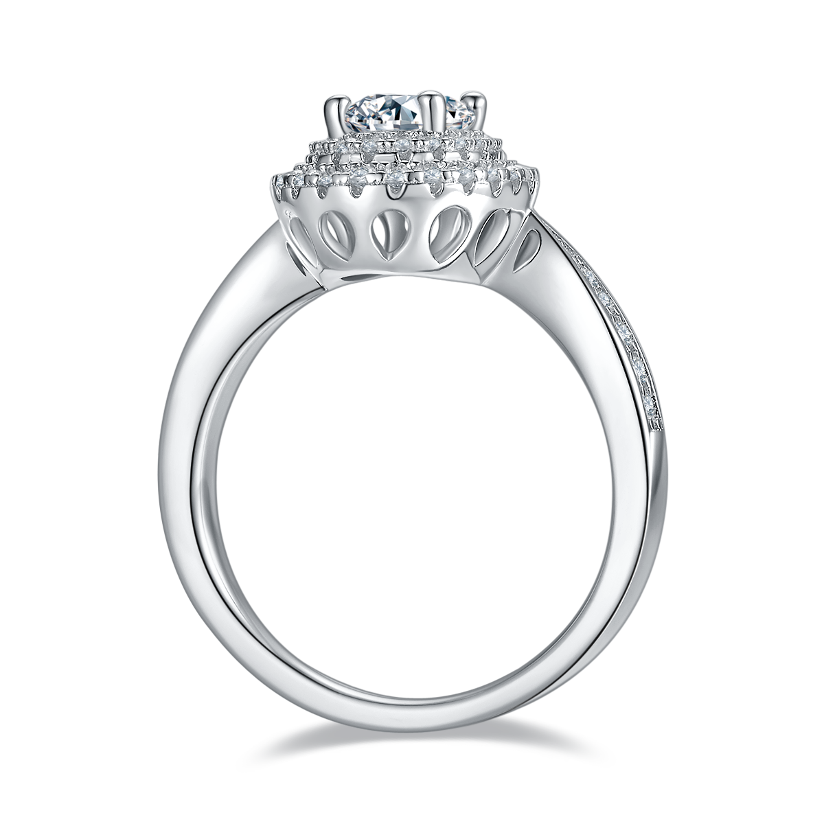 CARISSIE oval moissanite halo engagement ring, side profile revealing intricate openwork gallery details beneath the setting