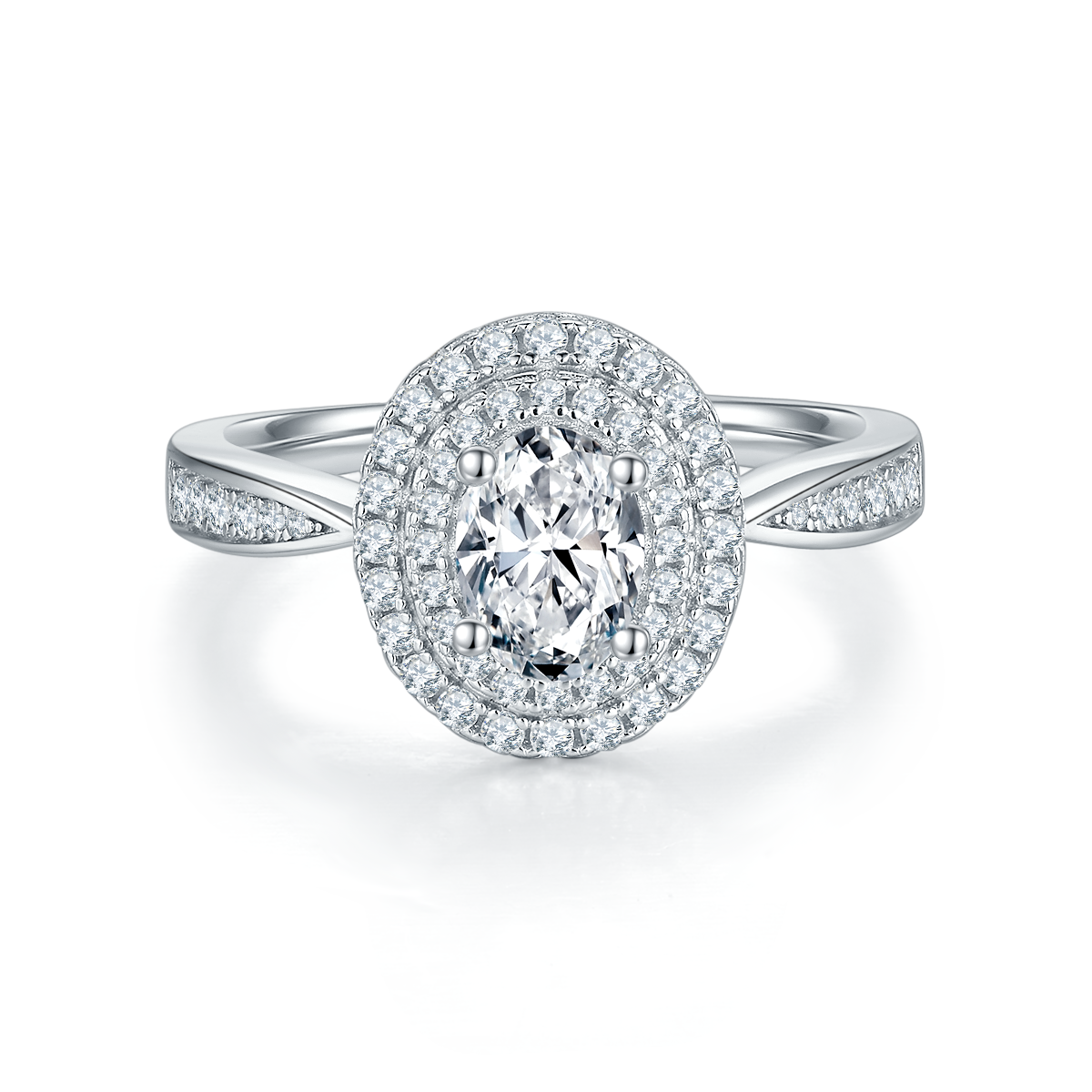 CARISSIE oval moissanite halo engagement ring, front view displaying the brilliant center stone surrounded by two rows of pavé accents