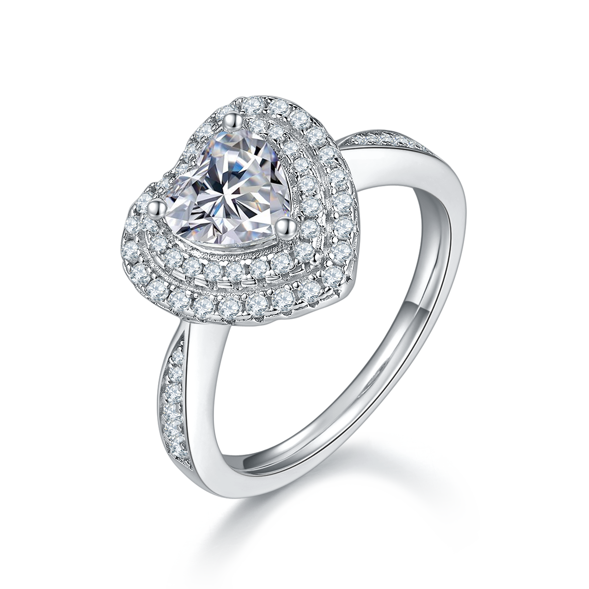 CARISSIE Heart Moissanite Halo Engagement Ring, angled view highlighting the split shank band and pavé accents on shoulders