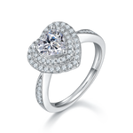 CARISSIE Heart Moissanite Halo Engagement Ring, angled view highlighting the split shank band and pavé accents on shoulders
