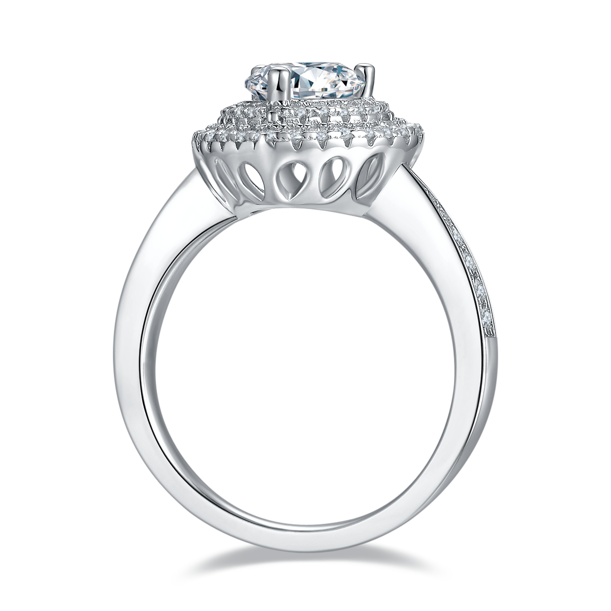 CARISSIE Heart Moissanite Halo Engagement Ring, side profile revealing heart-shaped openwork cutouts in the gallery rail