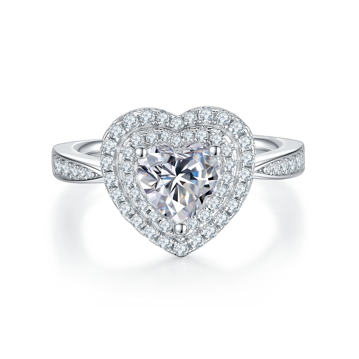 CARISSIE Heart Moissanite Halo Engagement Ring, front view showcasing the double halo setting surrounding the center stone
