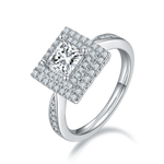 CARISSIE princess halo engagement ring, angled view showing square moissanite center and double pavé halo