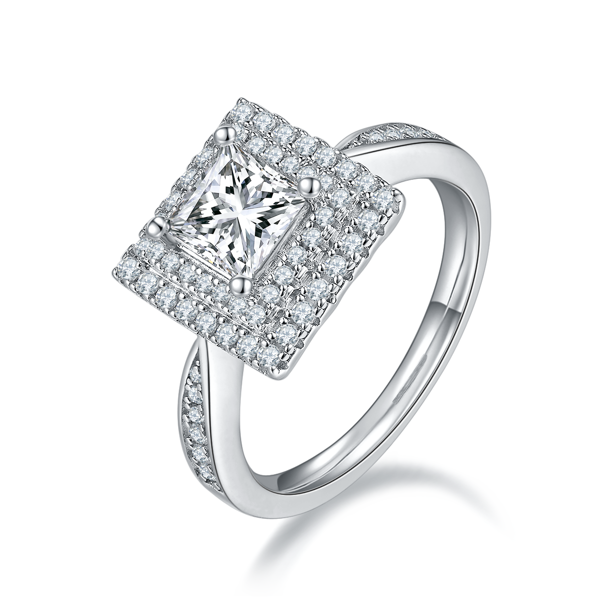 CARISSIE princess halo engagement ring, angled view showing square moissanite center and double pavé halo