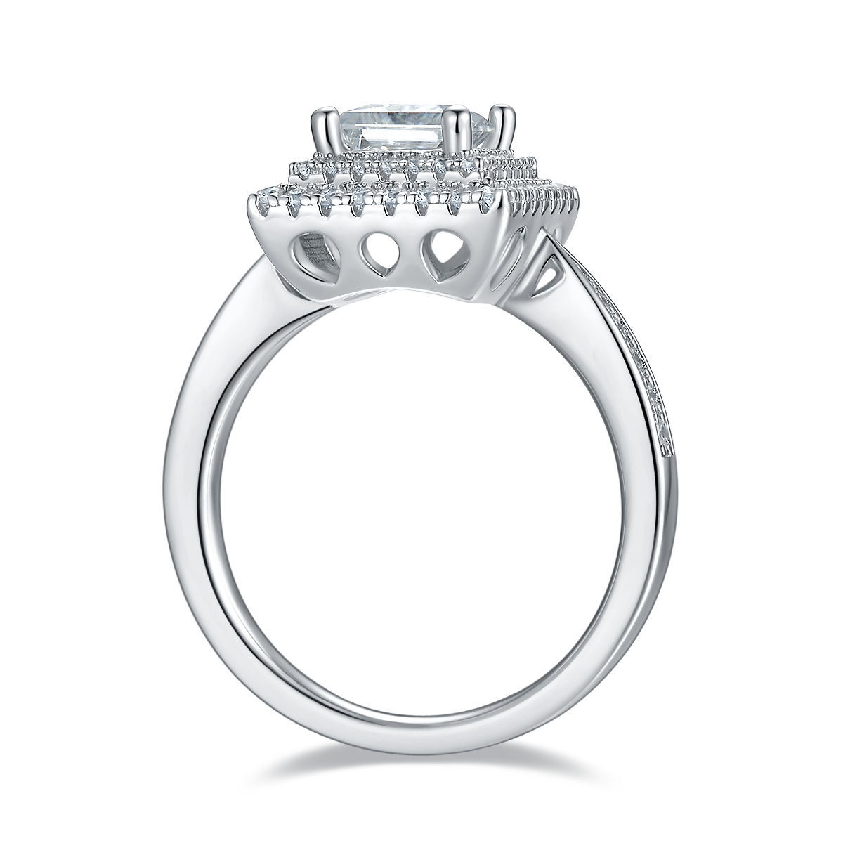 CARISSIE princess halo engagement ring, side profile revealing open gallery work and twisted band design