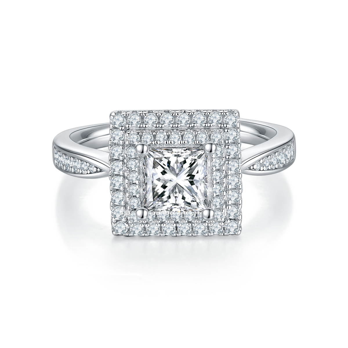 CARISSIE princess halo engagement ring, front view highlighting geometric square stone and split shank band