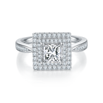 CARISSIE princess halo engagement ring, front view highlighting geometric square stone and split shank band