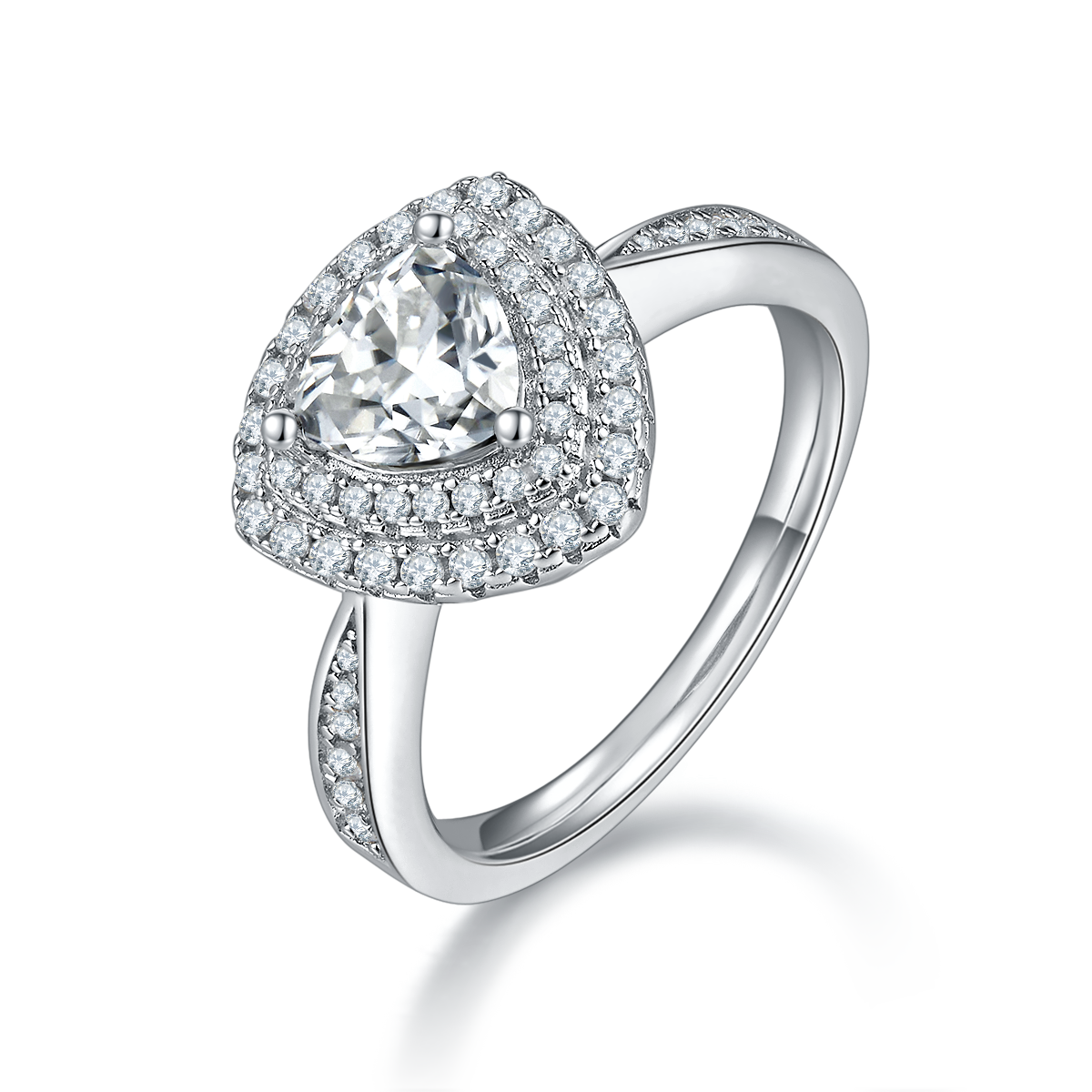 CARISSIE trillion halo engagement ring, angled view highlighting the split shank band and pavé-set diamonds on the shoulders