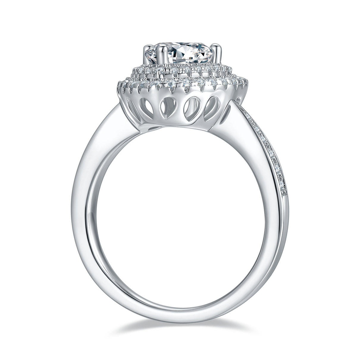 CARISSIE trillion halo engagement ring, side profile revealing the openwork gallery with teardrop cutouts beneath the head