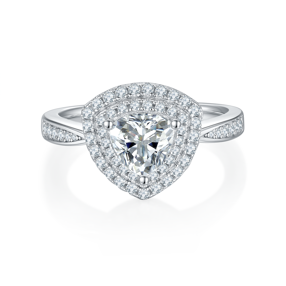 CARISSIE trillion halo engagement ring, direct front view showcasing the double halo setting surrounding the center stone