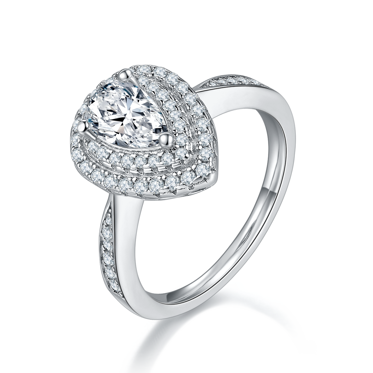 CARISSIE pear moissanite halo ring, angled view highlighting split shank band and pavé accents on shoulders
