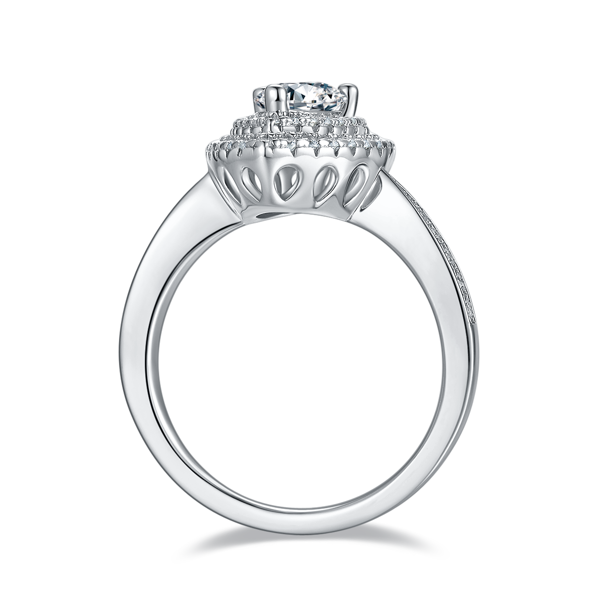 CARISSIE pear moissanite halo ring, bottom profile showing open gallery work and smooth inner band surface