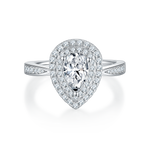 CARISSIE pear moissanite halo ring, front view displaying double concentric halos and prong-set center stone