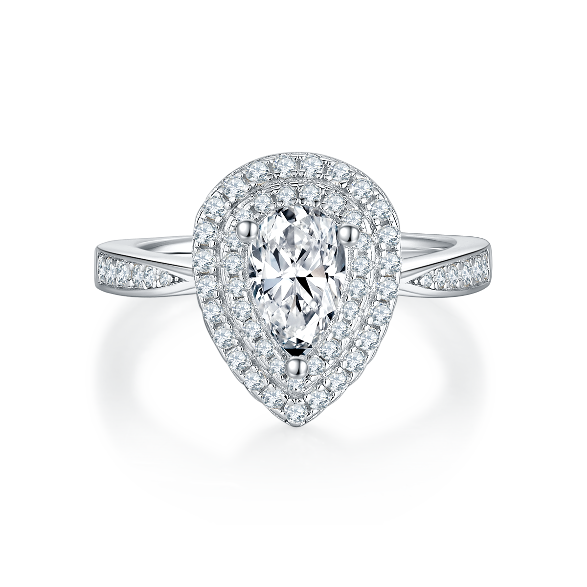CARISSIE pear moissanite halo ring, front view displaying double concentric halos and prong-set center stone