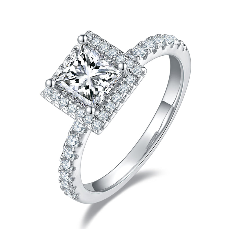 CARISSIE princess halo engagement ring, angled view highlighting the square center stone and pavé split shank band