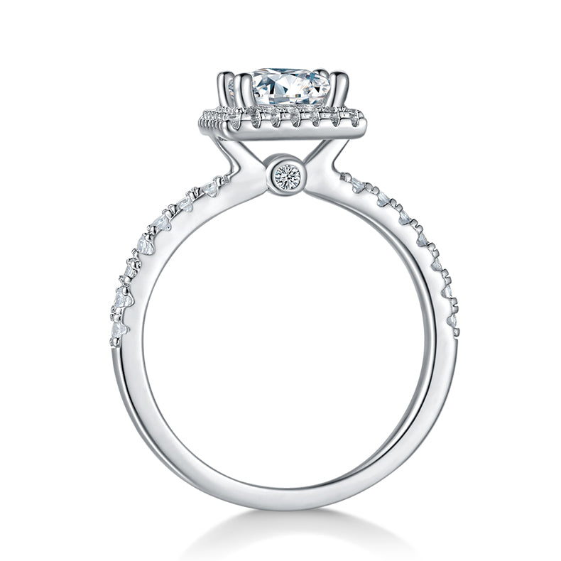 CARISSIE princess halo engagement ring, side profile revealing the gallery rail detail and accent stones under the head