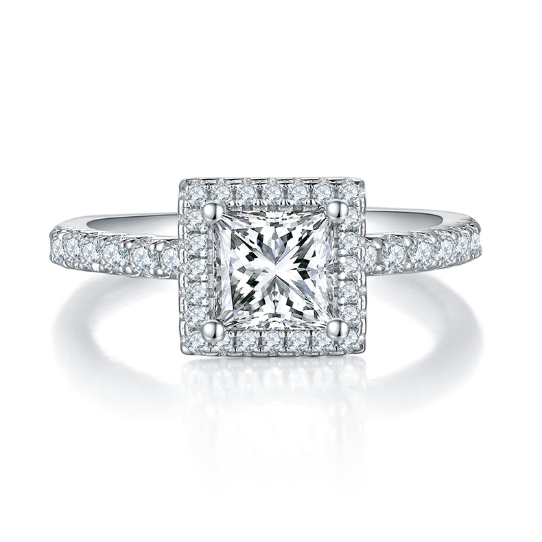 CARISSIE princess halo engagement ring, front view showcasing the double halo setting and four-prong head