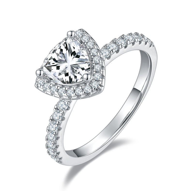 CARISSIE trillion halo engagement ring, high-angle close-up emphasizing the brilliance of the center moissanite