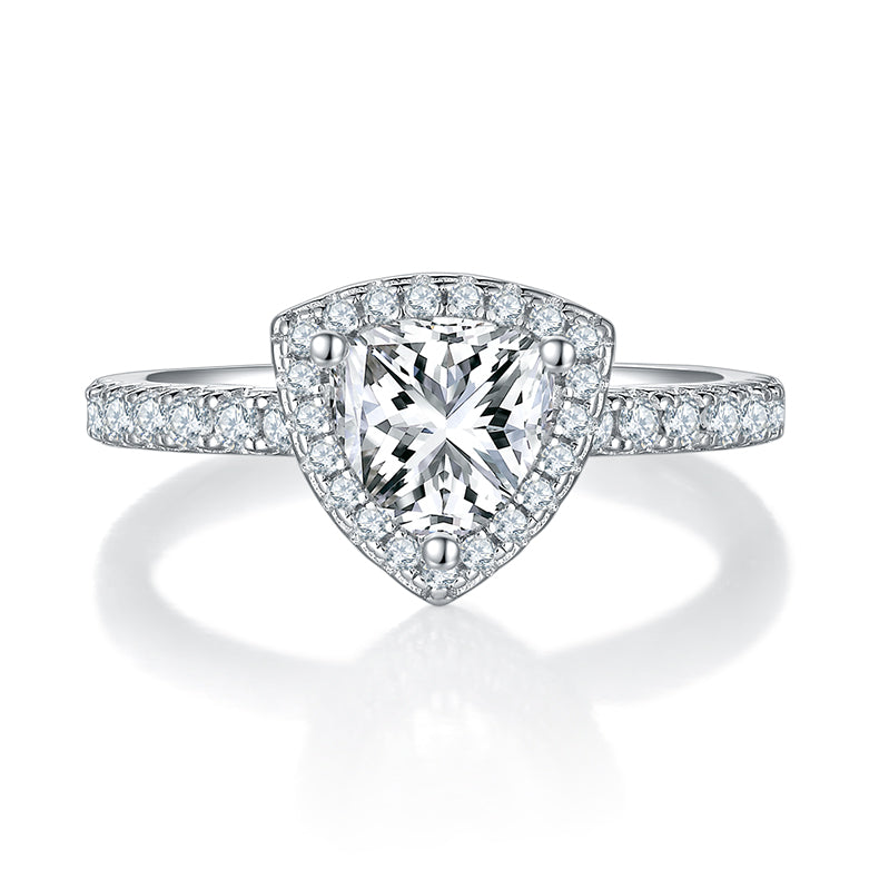 CARISSIE trillion halo engagement ring, direct top-down view showcasing the symmetrical triangle shape and prong setting