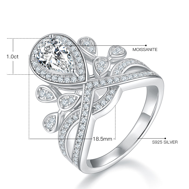 CARISSIE pear moissanite halo ring, technical diagram indicating 1.0ct center stone size and S925 silver material