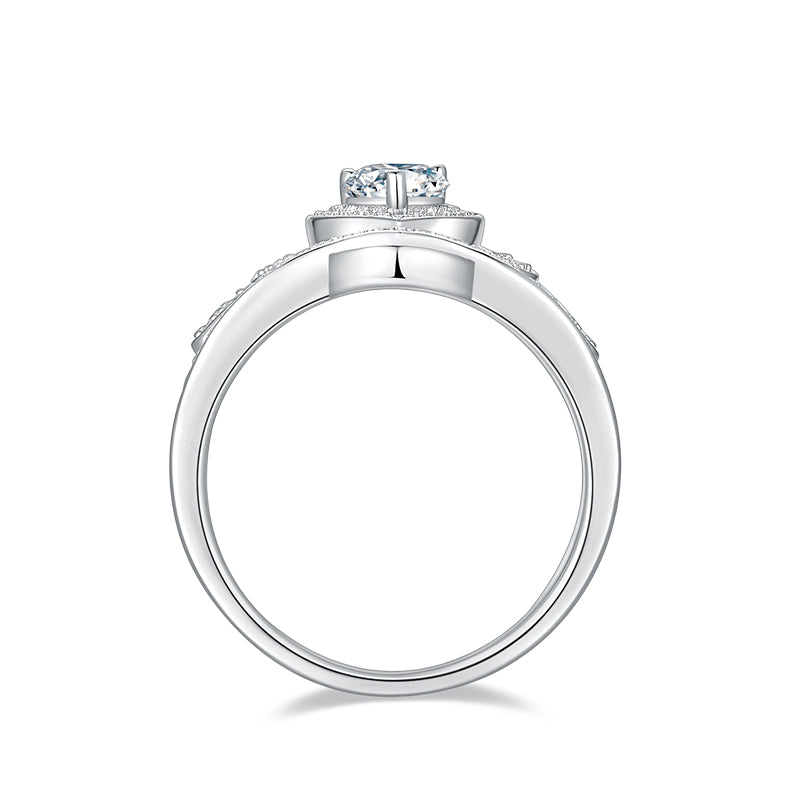 CARISSIE pear moissanite halo ring, bottom profile showing the smooth silver-tone interior of the band and setting height