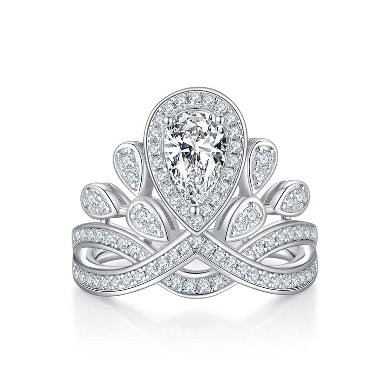 CARISSIE pear moissanite halo ring, front view displaying the teardrop stone surrounded by a diamond halo and pavé band