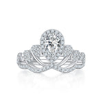 CARISSIE pear moissanite halo engagement ring, direct front view highlighting the symmetrical double-halo setting and split shank design