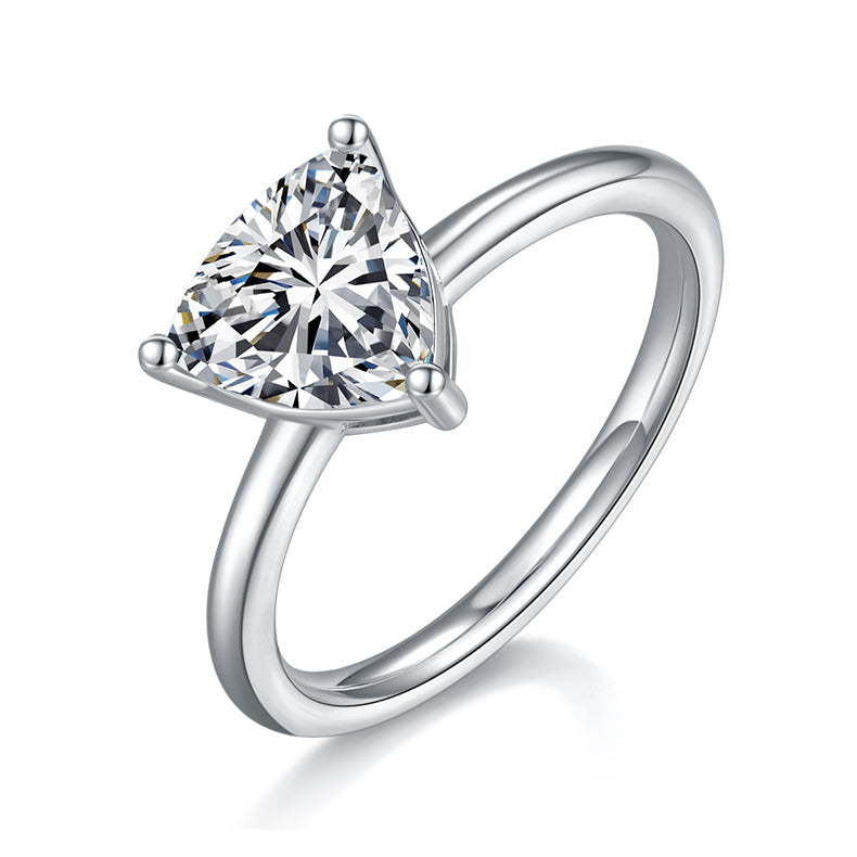 CARISSIE trillion solitaire engagement ring, angled view highlighting the 8x8mm triangular moissanite and polished silver band
