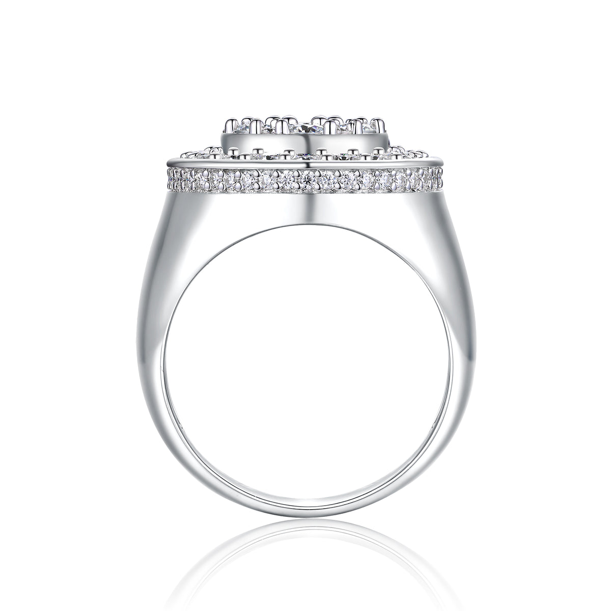 CARISSIE round moissanite ring, side profile revealing the smooth metal gallery and prong setting details against a white background