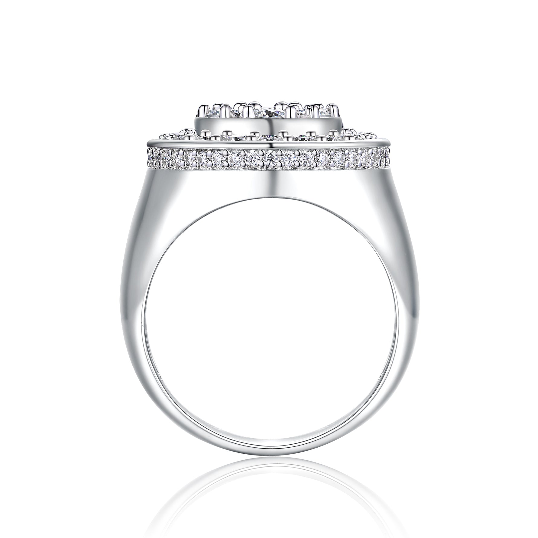 CARISSIE round moissanite ring, side profile revealing the smooth metal gallery and prong setting details against a white background