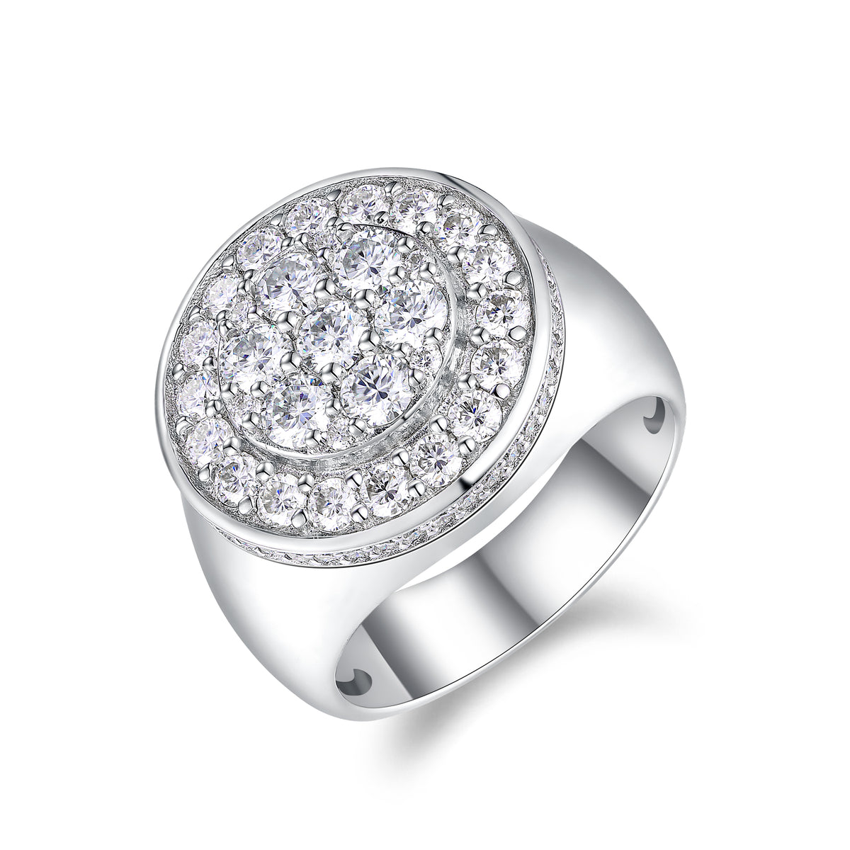 CARISSIE cushion moissanite halo ring, angled view highlighting the concentric stone arrangement and polished silver-tone band